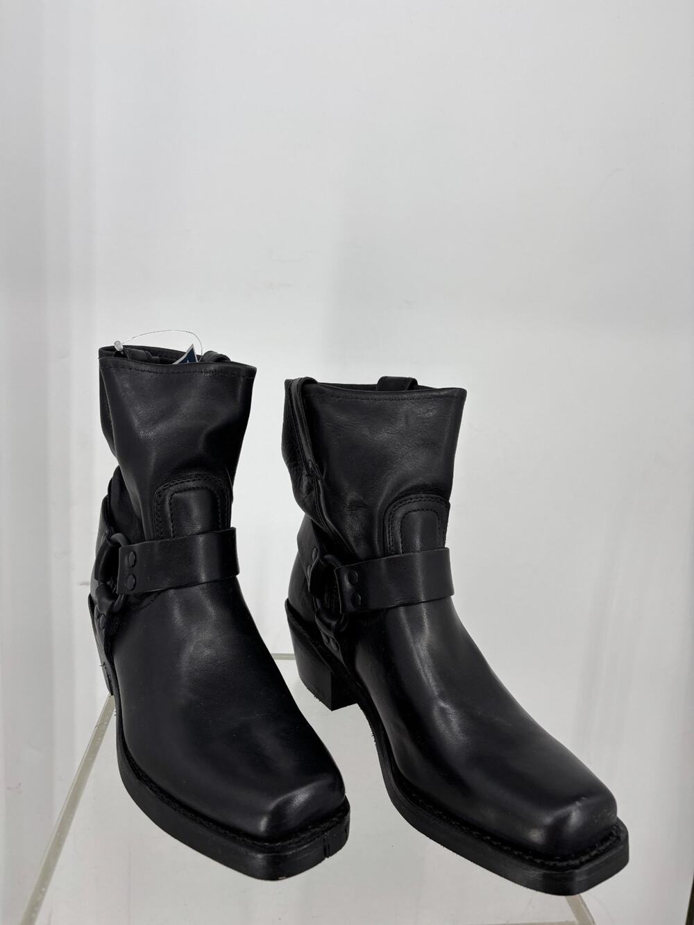 Frye Smoke Harness Boots Women 9 Black Square Toe Leather Goodyear Welt NWOB